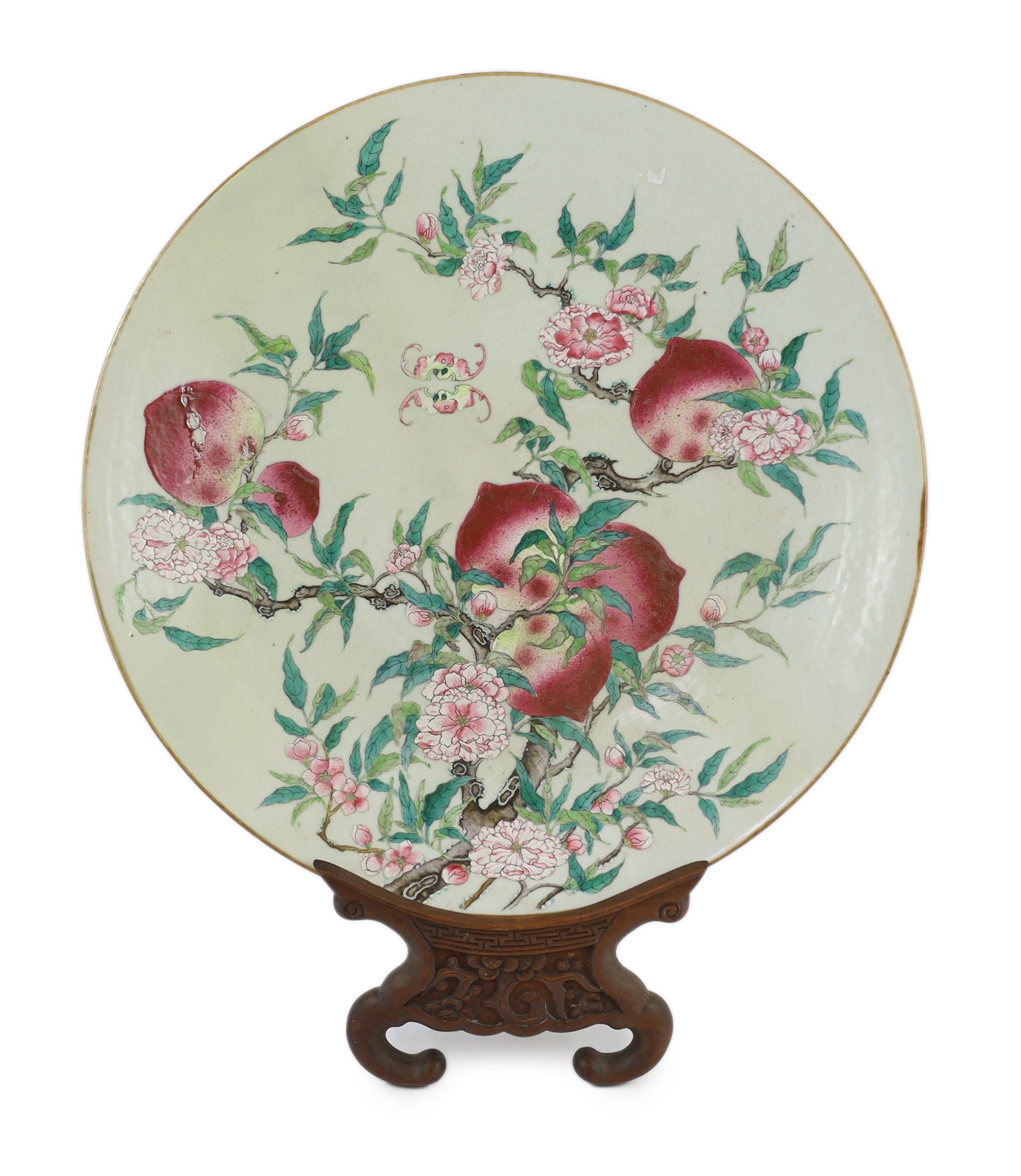 A large Chinese ‘nine peach’ enamelled porcelain dish, Qianlong seal mark but 19th century